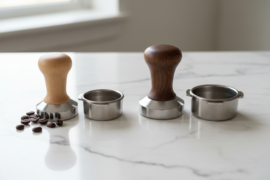 Coffee tamper size comparison: 51mm vs 58mm stainless steel tampers with portafilter baskets showing size difference for espresso machines