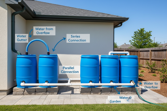 Multiple rain barrels connected together with hoses in a backyard rainwater harvesting system, showing water flow from downspout for maximum water storage
