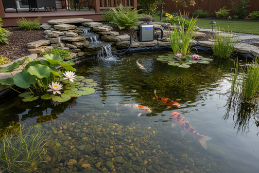Crystal clear backyard pond with koi fish, water lilies, and visible pond maintenance equipment including UV clarifier and pump system