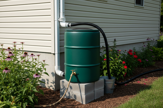 DIY rain barrel installation showing 53-gallon collapsible rain barrel elevated on cinder blocks with downspout diverter, brass spigot, and overflow hose for rainwater harvesting system