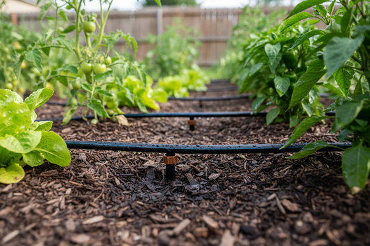 Close-up of drip irrigation emitters delivering water directly to plant roots in mulched garden bed, showing water-efficient irrigation technology for American homeowners