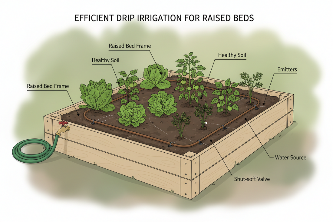 Raised garden bed with drip irrigation tubing and emitters watering vegetable plants efficiently.