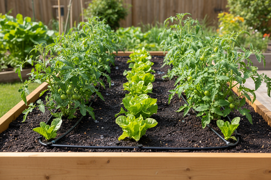 Drip irrigation system installed in raised garden bed with healthy vegetables and visible emitters
