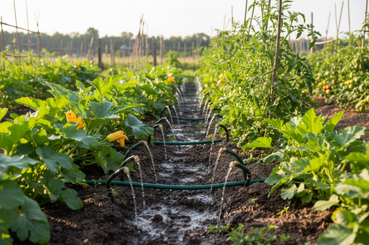 Healthy garden with drip irrigation system showing adjustable nozzles delivering water directly to plant roots, demonstrating efficient garden watering and lush plant growth