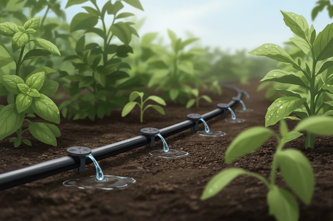 Close-up of drip irrigation emitters delivering water efficiently to garden plants