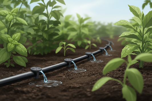 Close-up of drip irrigation emitters delivering water efficiently to garden plants