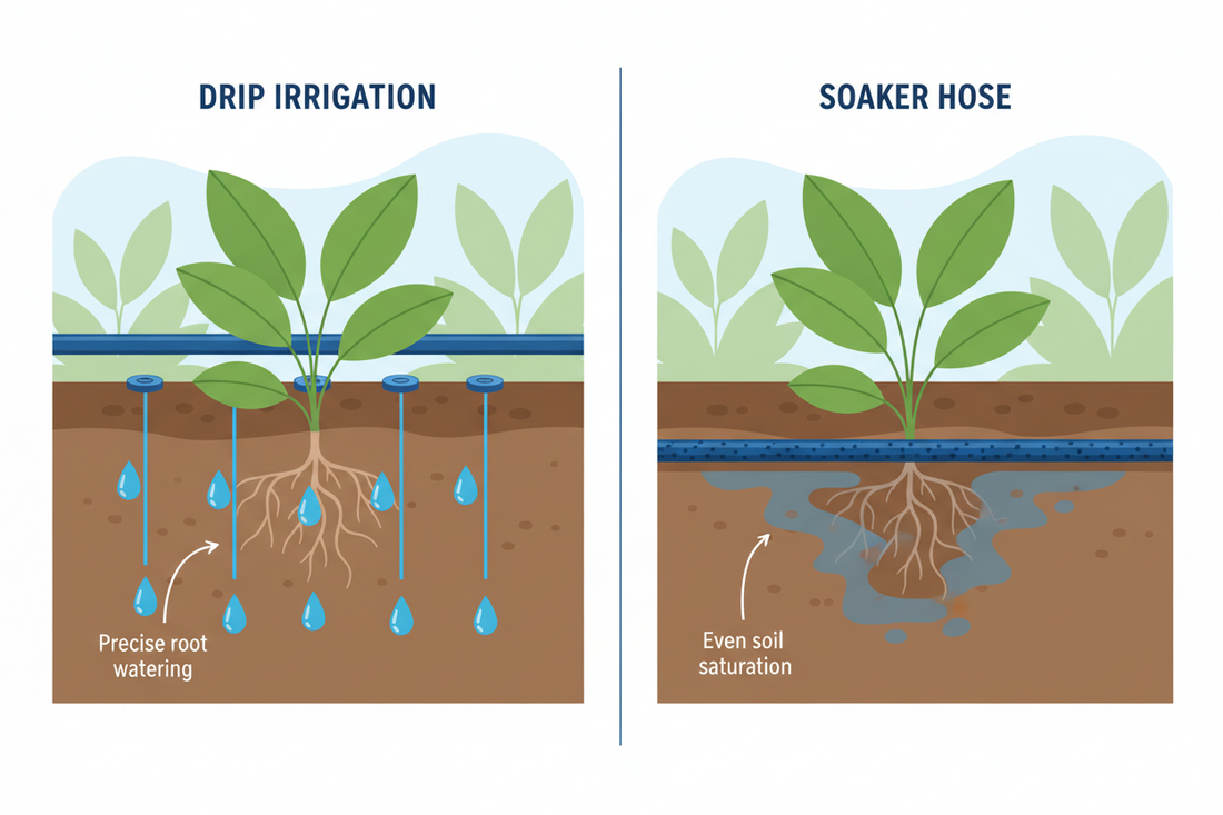 Side-by-side comparison of drip irrigation and soaker hose systems showing water delivery methods in garden soil