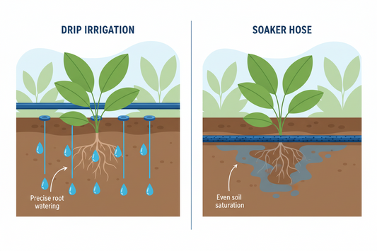 Side-by-side comparison of drip irrigation and soaker hose systems showing water delivery methods in garden soil