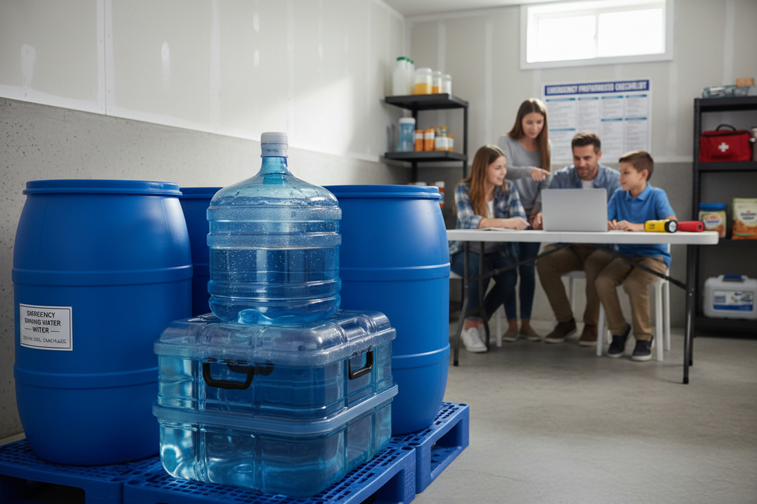 Emergency water storage containers and portable water tanks organized in home garage with family reviewing disaster preparedness checklist