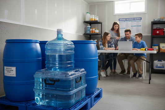 Emergency water storage containers and portable water tanks organized in home garage with family reviewing disaster preparedness checklist