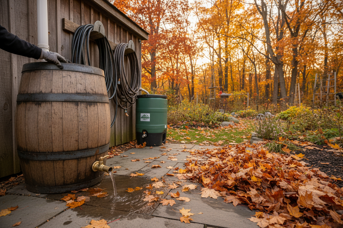 Fall garden irrigation winterization showing brass drain valve on rain barrel with autumn leaves and storage equipment for winter preparation