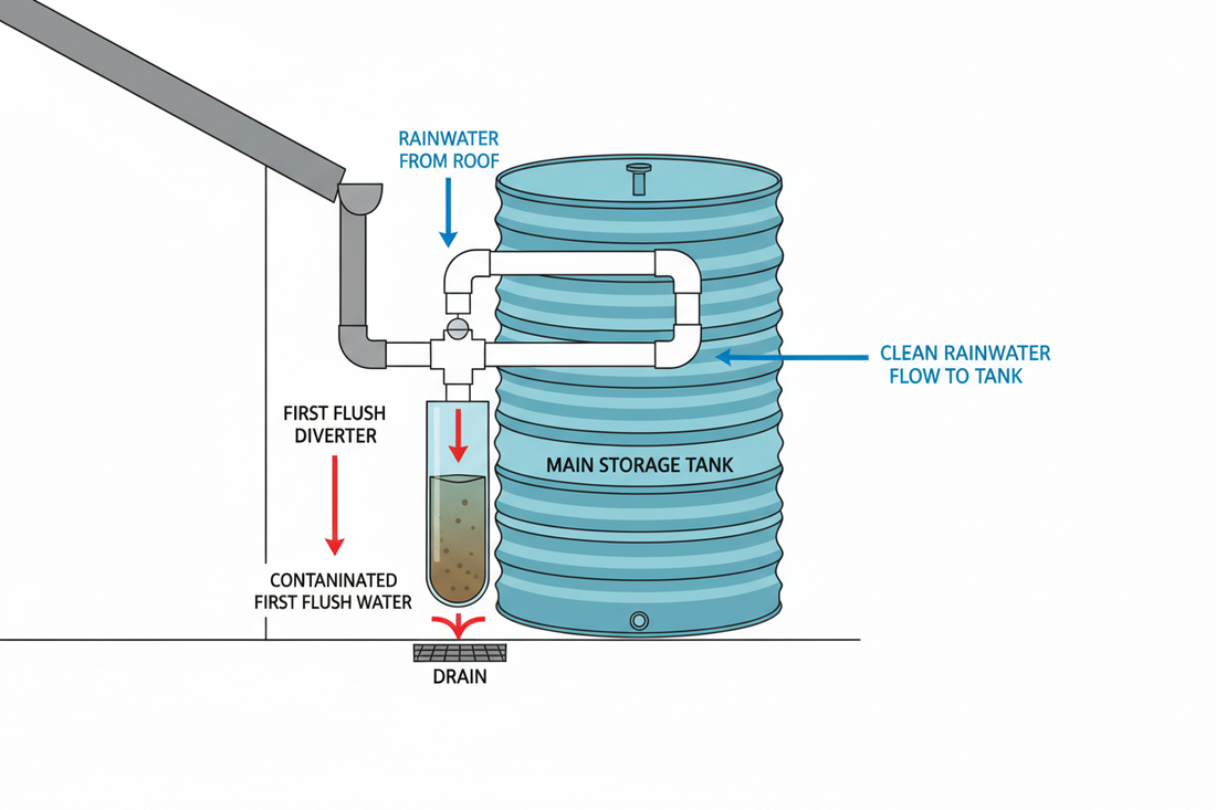 Diagram showing a first flush diverter system installed on a rainwater collection setup with arrows indicating water flow from roof downspout through diverter chamber to main storage tank