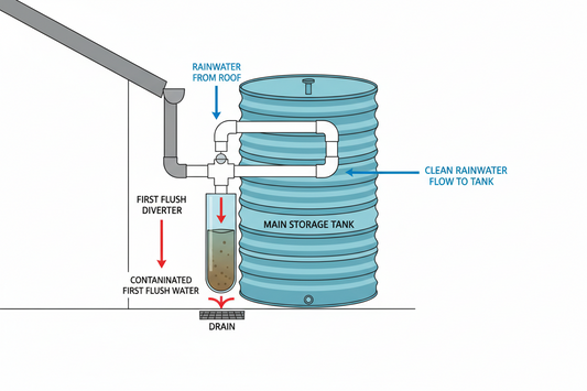 Diagram showing a first flush diverter system installed on a rainwater collection setup with arrows indicating water flow from roof downspout through diverter chamber to main storage tank