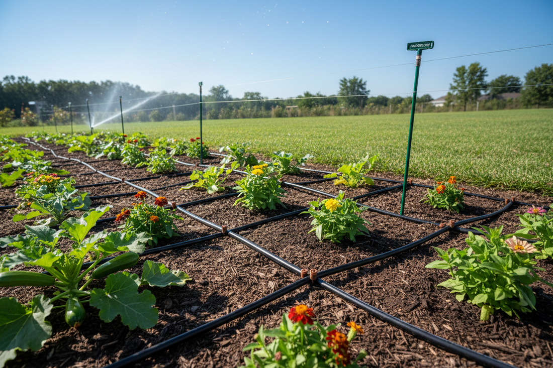 A lush garden bed with drip irrigation tubing and emitters neatly installed, extending a home irrigation system to new planting areas.