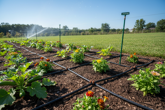 A lush garden bed with drip irrigation tubing and emitters neatly installed, extending a home irrigation system to new planting areas.