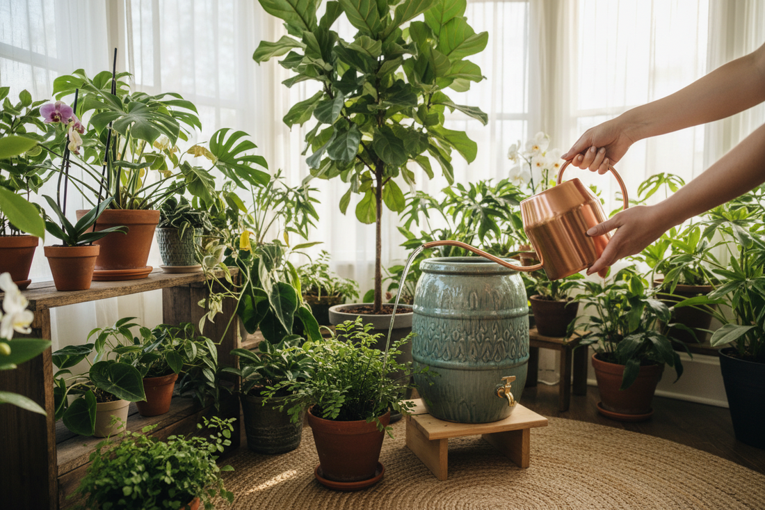  Healthy indoor houseplants being watered with collected rainwater in a bright, naturally lit room, demonstrating safe and sustainable plant care practices