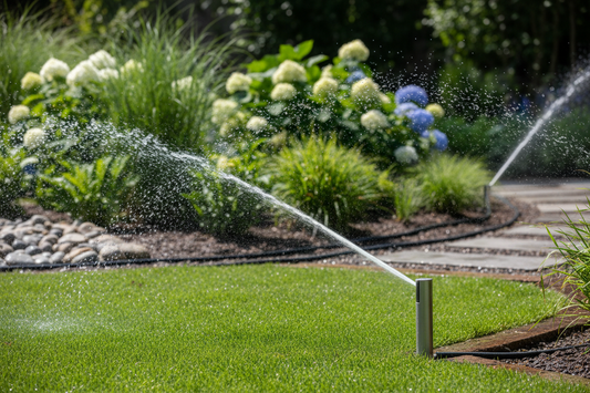 Professional irrigation system with sprinkler heads watering a lush garden, showcasing water conservation technology.