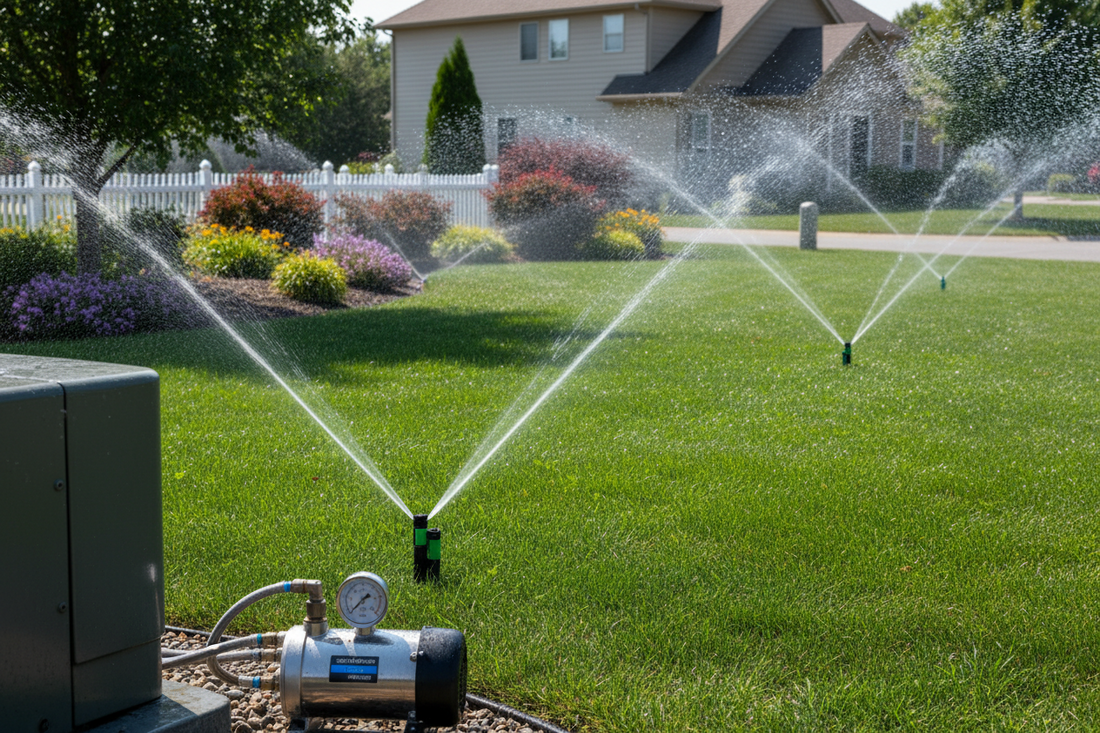 Residential irrigation system with optimal water pressure showing multiple sprinkler heads with strong spray coverage across green lawn