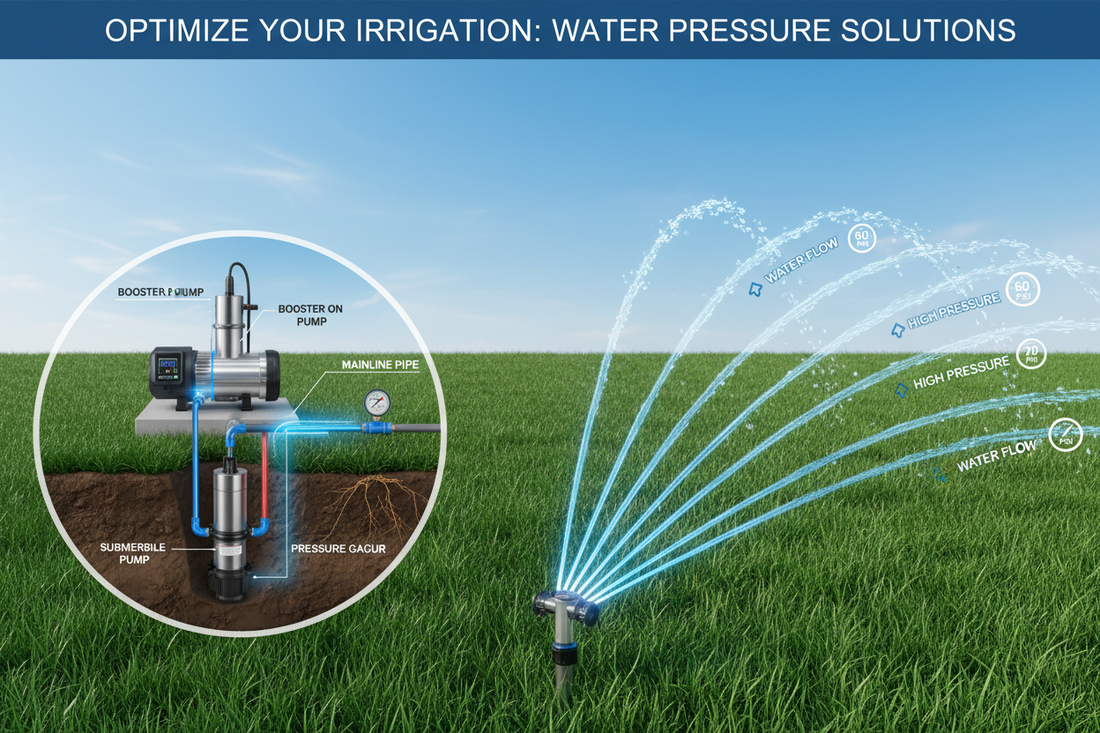 Residential irrigation system showing booster pump installation to fix low water pressure in lawn sprinklers