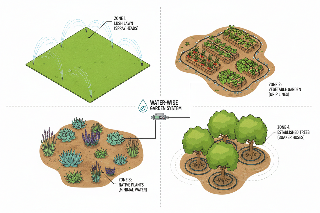  Irrigation system zoning diagram showing four distinct water zones for efficient garden watering