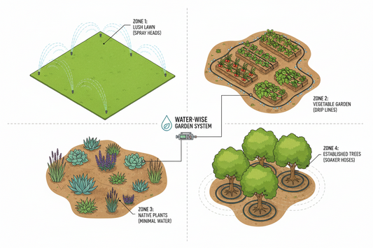  Irrigation system zoning diagram showing four distinct water zones for efficient garden watering