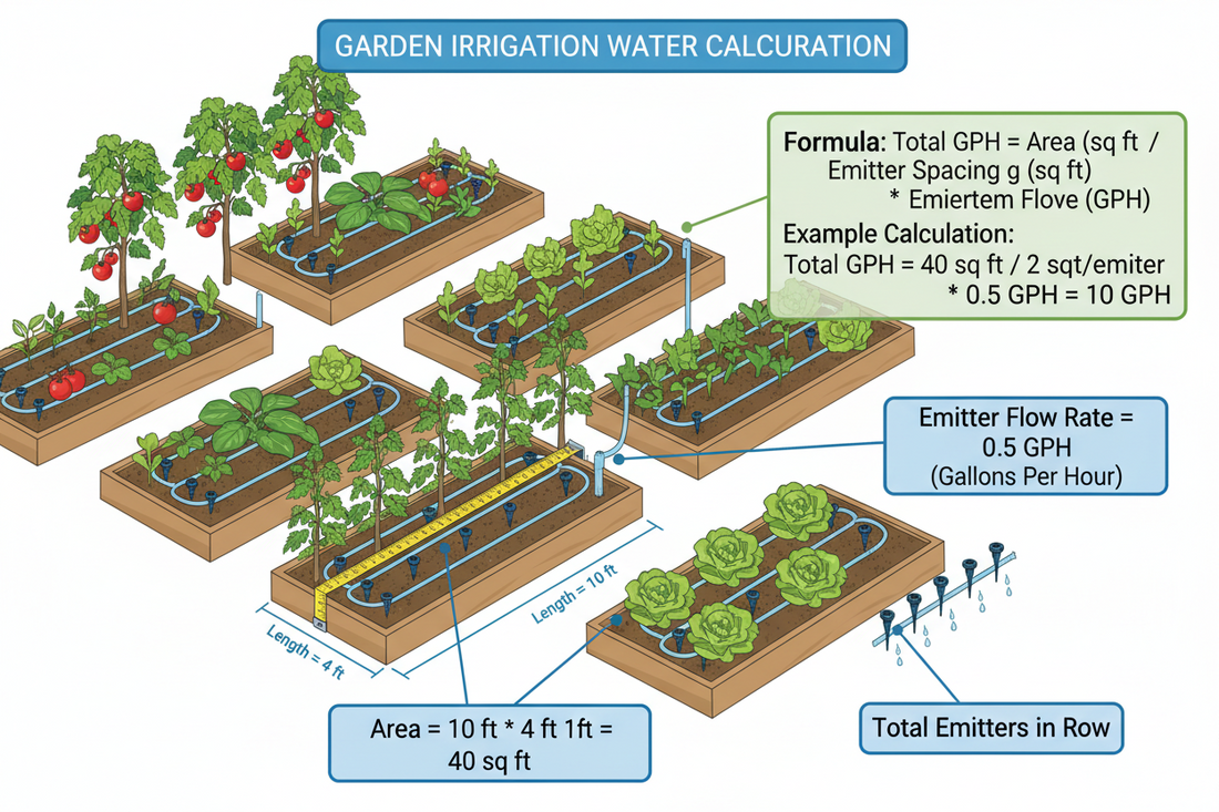 Garden irrigation water calculation diagram showing vegetable beds with drip emitters, measurement annotations, and GPH flow rate formulas for efficient watering system planning