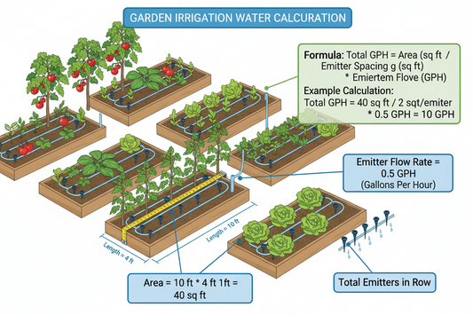 Garden irrigation water calculation diagram showing vegetable beds with drip emitters, measurement annotations, and GPH flow rate formulas for efficient watering system planning