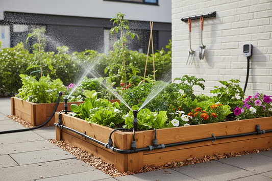  Modern micro-sprinkler irrigation system watering vegetables in a small urban garden with raised beds