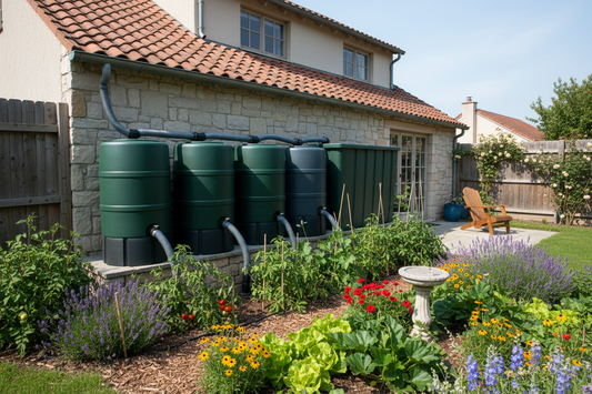 "Multiple rain barrels and water storage containers connected with overflow hoses in residential garden for rainwater harvesting