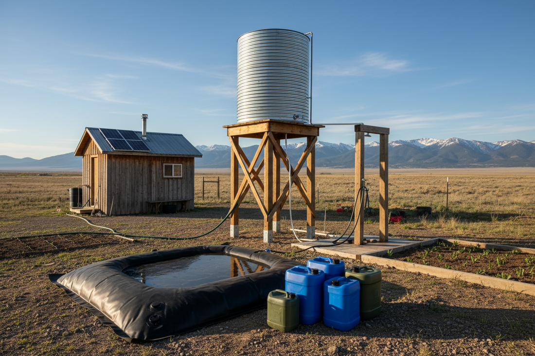 Various off-grid water storage solutions including large capacity water bladders, portable tanks, and elevated storage systems on a self-sufficient homestead propert