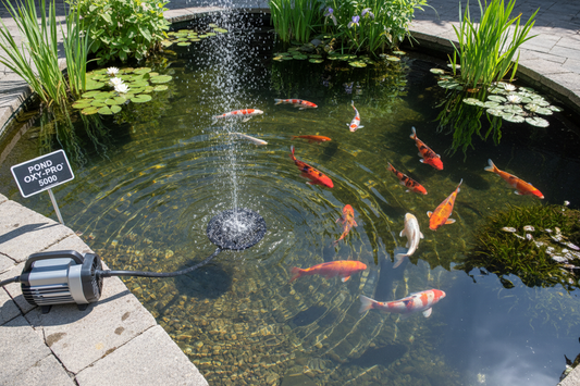 Pond aeration system in action showing bubbles rising from diffuser with healthy koi fish swimming in oxygenated water and air pump equipment on shore
