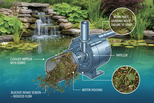 Submersible pond pump troubleshooting diagram showing impeller, intake screen, and common failure points for fountain and water feature pump repair