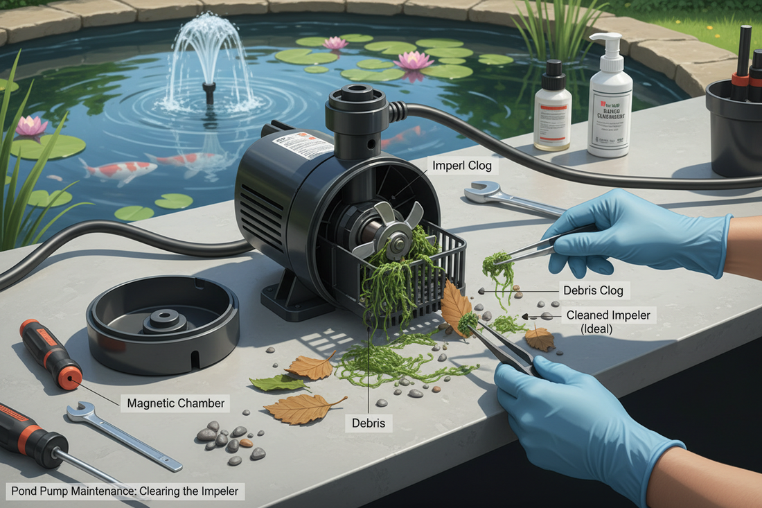  Disassembled pond pump showing impeller chamber and common debris causing clogs, with fountain spray in garden pond background - pond pump troubleshooting guide