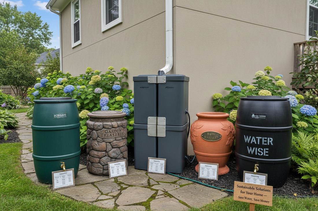 Comparison of different rain barrel brands installed in a residential garden, showing various sizes and styles of rainwater harvesting systems connected to downspouts for water conservation and cost savings