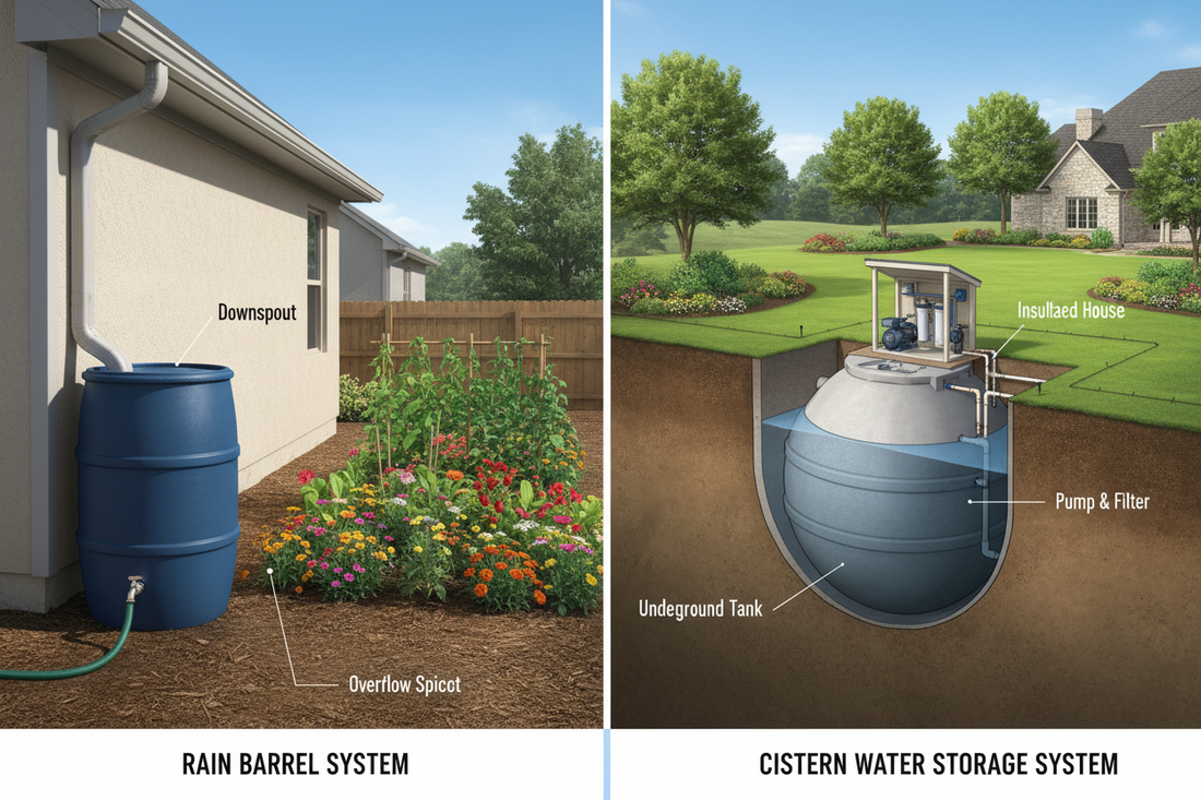 Rain barrel and cistern water storage systems comparison showing size and capacity differences for residential rainwater harvesting