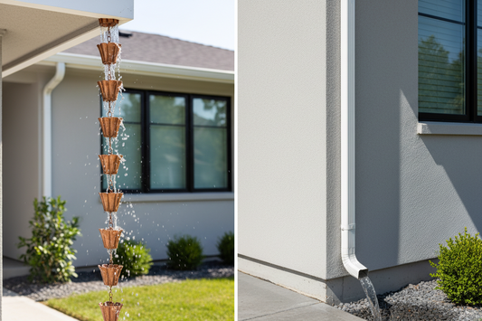 Side-by-side comparison of decorative copper rain chain with cascading water and traditional aluminum downspout on home exterior gutter system