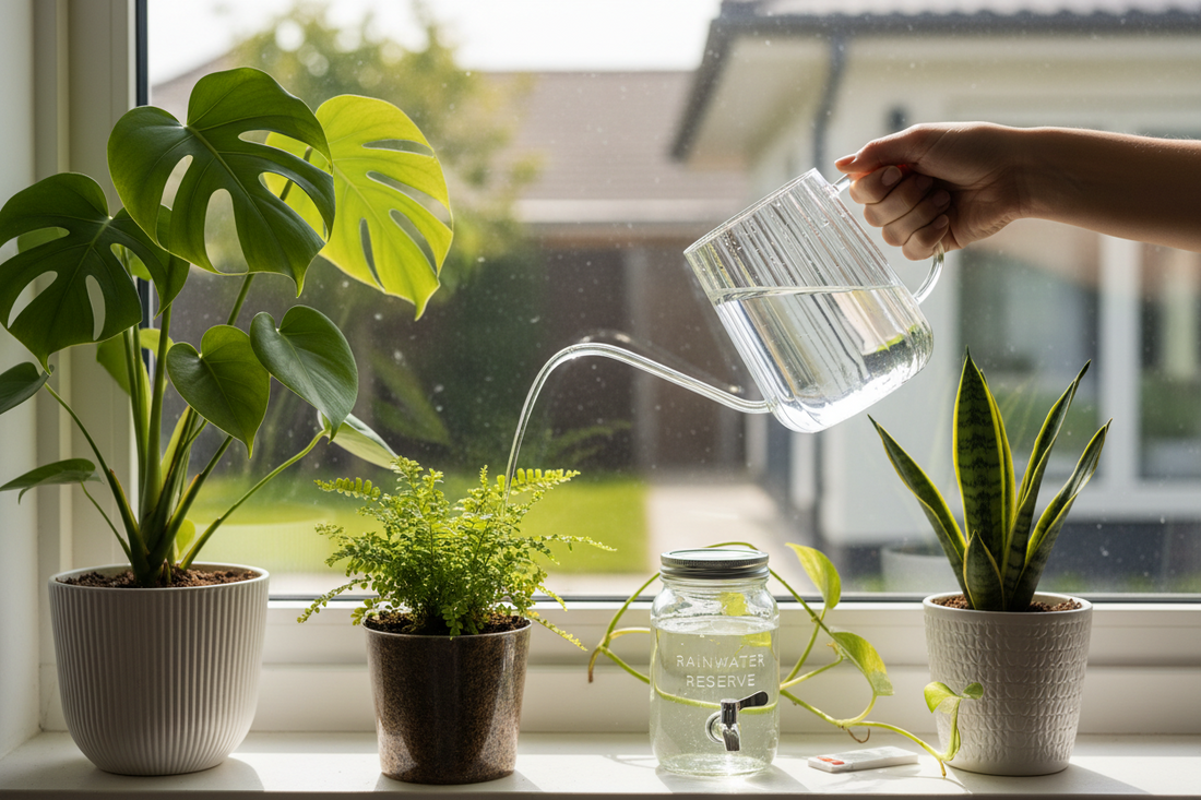 Healthy indoor houseplants being watered with collected rainwater in a bright, sunlit room, demonstrating safe and sustainable plant care practices