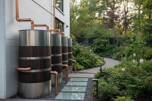 A residential rainwater harvesting system with large rain barrels connected to downspouts, surrounded by a lush green garden.