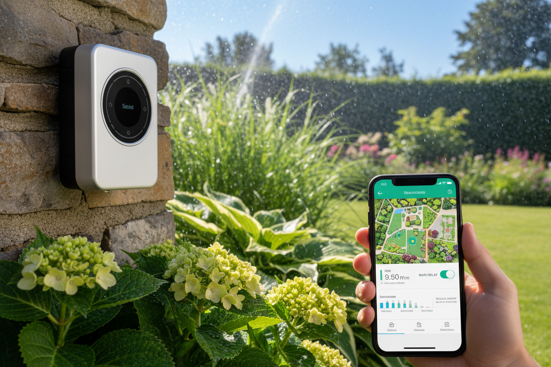 Modern smart irrigation controller with smartphone app displaying water management features in a lush garden setting