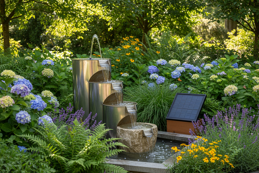 Eco-friendly solar fountain with solar panel in garden setting, showing sustainable water feature with flowing water surrounded by green plants