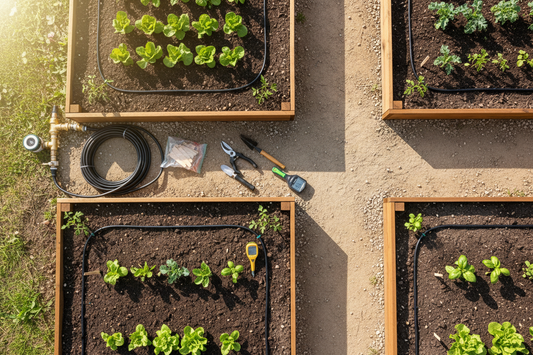 Spring garden drip irrigation system installation with black tubing along raised vegetable beds, complete drip kit components, and soil moisture tester for optimal garden preparation
