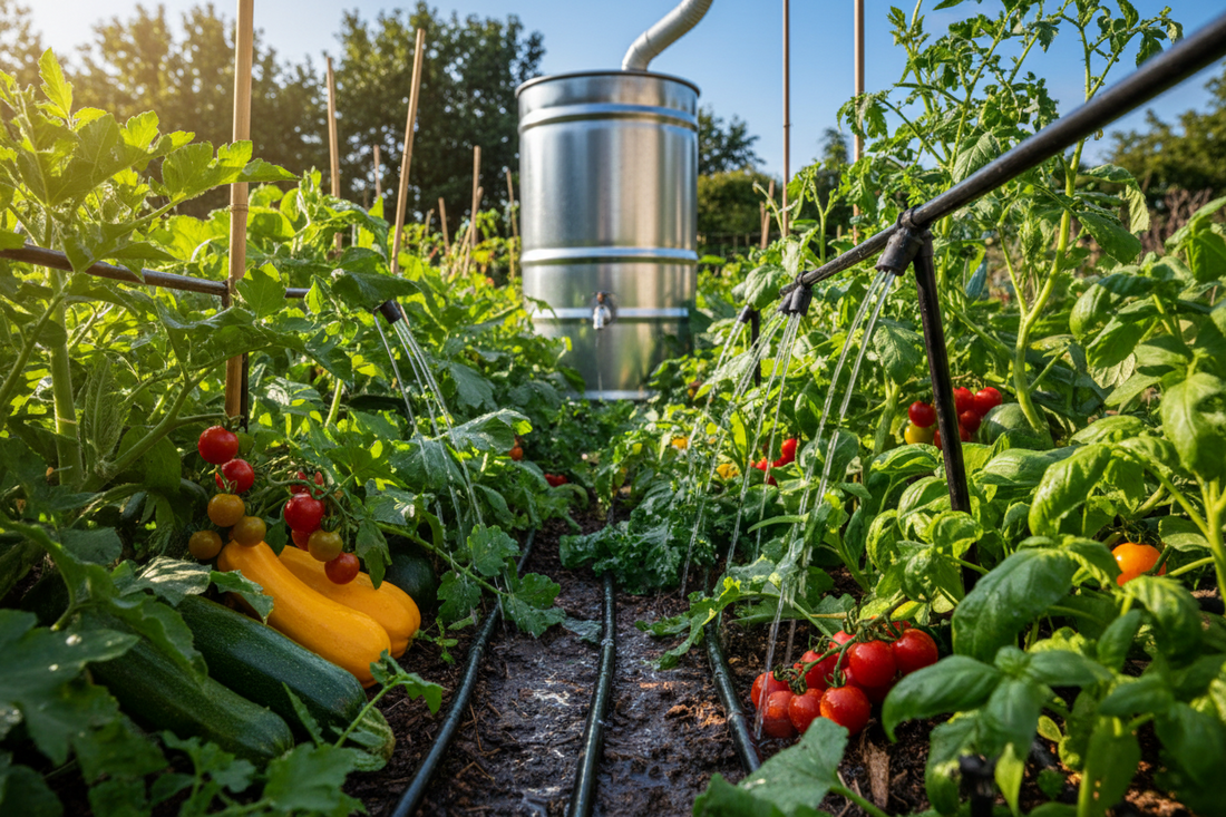 Lush summer garden featuring drip irrigation system watering healthy plants with water storage tank in background, demonstrating sustainable water conservation techniques for lawn and garden care