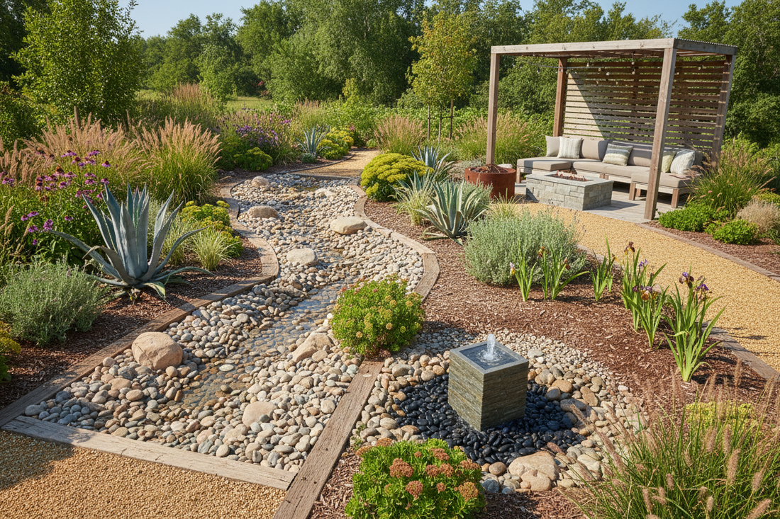 A sustainable landscape design featuring a dry creek bed, native drought-resistant plants, decorative gravel pathways, and a small water feature.