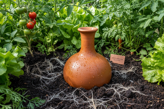 Terracotta olla pot buried in garden soil surrounded by healthy plants demonstrating ancient water-efficient irrigation method
