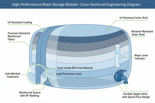 Water storage bladder cross-section diagram showing construction layers and key features including food-grade materials and spigot valve