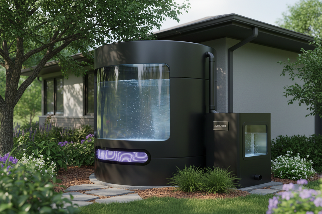 Clean dark-colored water storage tank in shaded garden area demonstrating proper algae prevention setup for maintaining water quality
