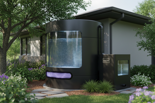 Clean dark-colored water storage tank in shaded garden area demonstrating proper algae prevention setup for maintaining water quality