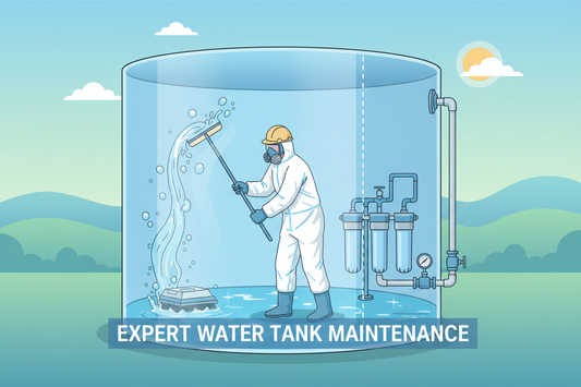 Professional water storage tank cleaning and maintenance illustration showing proper sanitization techniques
