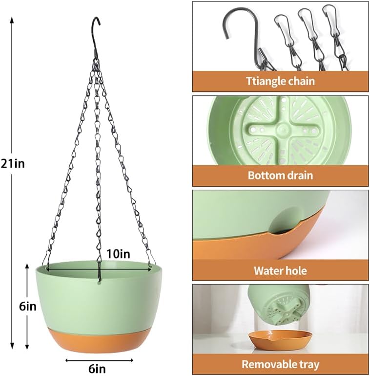 Lookat 2 Pack Plastic Hanging Planters 10 Inch Hanging Pots with Drainage Hole for Indoor Outdoor Plants, Round Hanging Basket with Removable Tray for Home Garden Porch Balcony Patio Decor