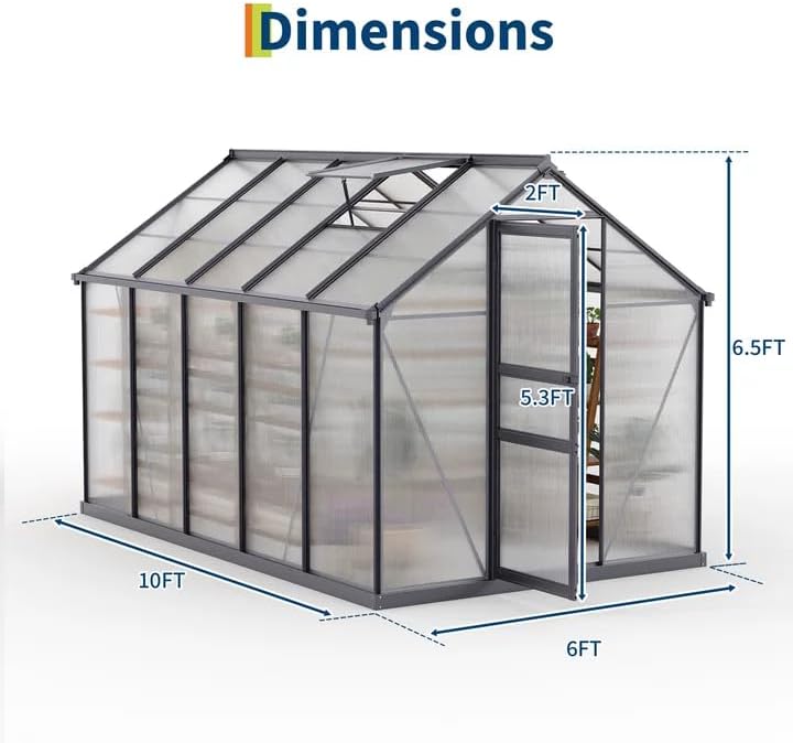 6*10 FT Outdoor Walk-in Greenhouse, Polycarbonate Green House, Heavy Duty Greenhouse with Vented Roof Window, Windproof Aluminum Frame, Suitable for Outside Gardening, Backyard, Patio